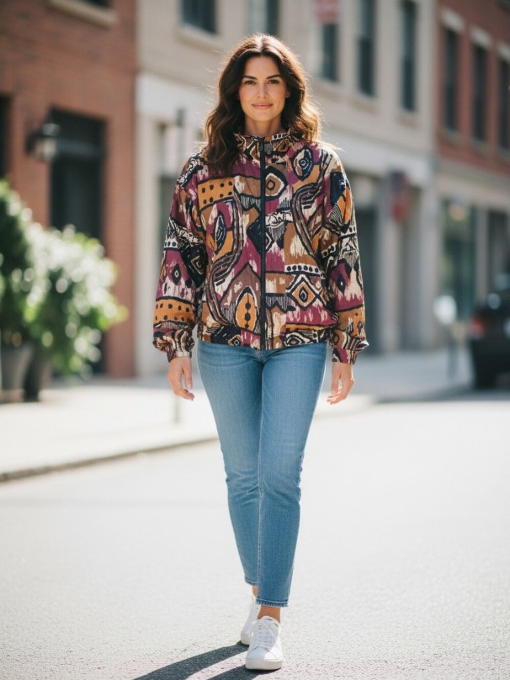 VTG Bogari Silk Bomber Jacket Sz‎ M Abstract/Tribal/Contemporary Print 283F